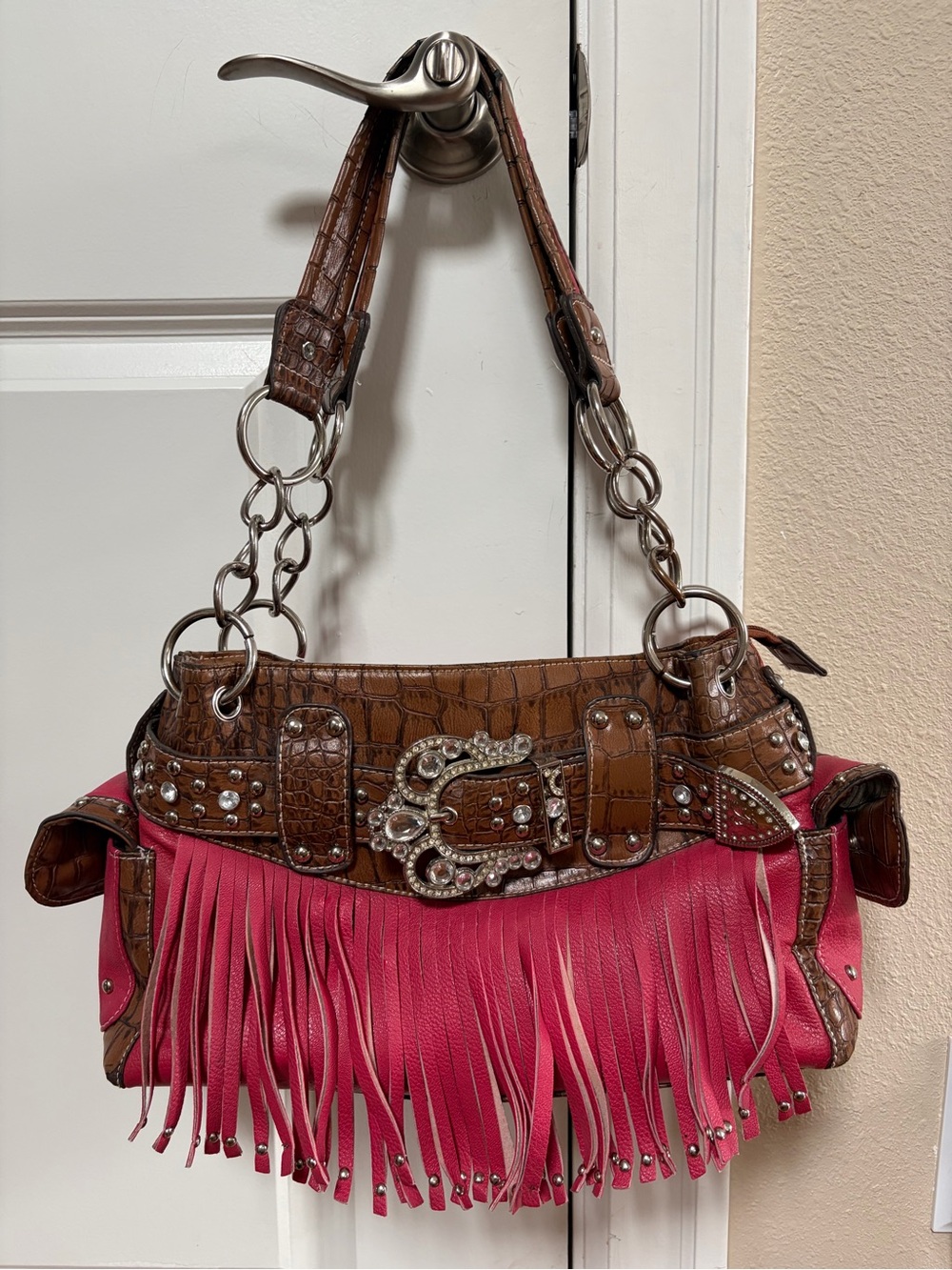 Western Rhinestone Glamour Concho Studded Tote Handbag Purse Cowgirl Fringe Red